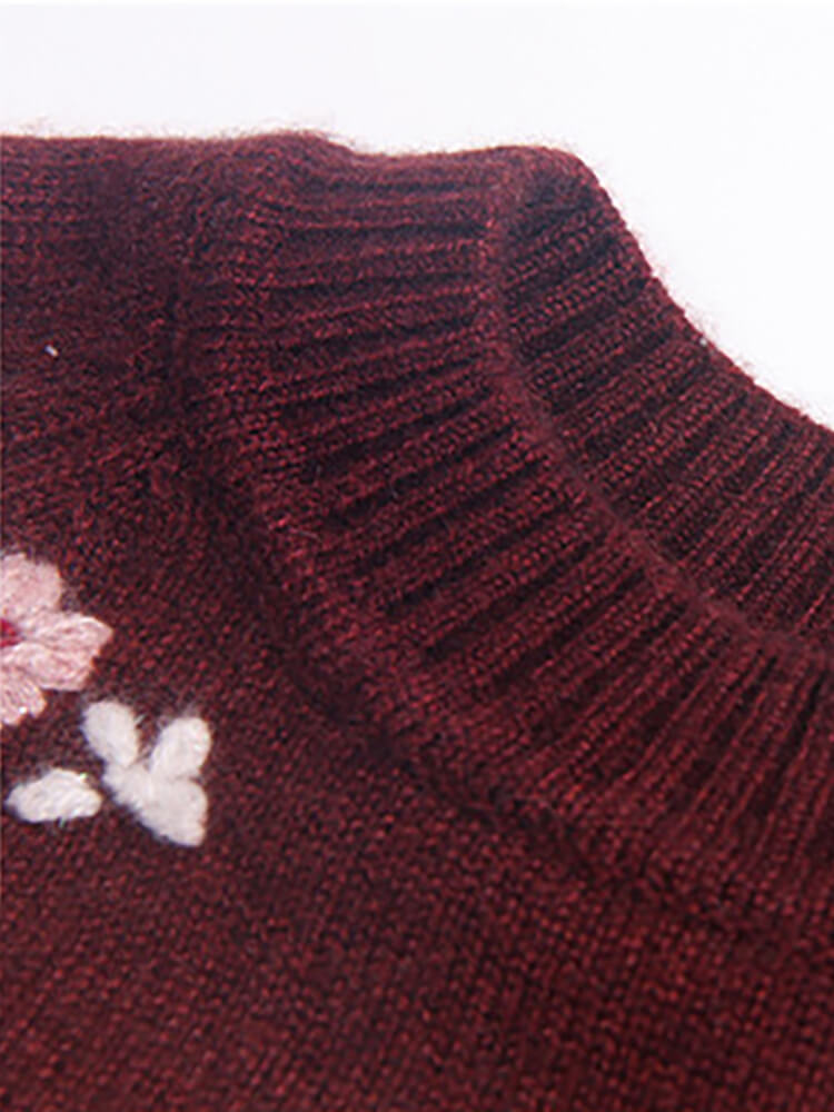 Kids Burgundy Floral Embroidered Cashmere Pullover Sweater